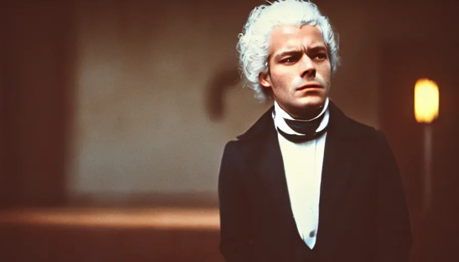 Image similar to 1 9 7 0 s movie still of maximilien de robespierre, cinestill 8 0 0 t 3 5 mm, high quality, heavy grain, high detail, cinematic composition, dramatic light, anamorphic, ultra wide lens, hyperrealistic