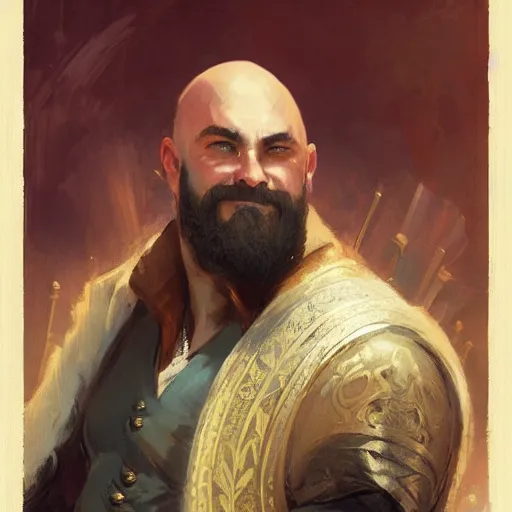 Image similar to well - groomed burly bard, thick goatee, bald, thoughtful expression, holding a gong, fantasy character portrait by greg rutkowski, gaston bussiere, craig mullins