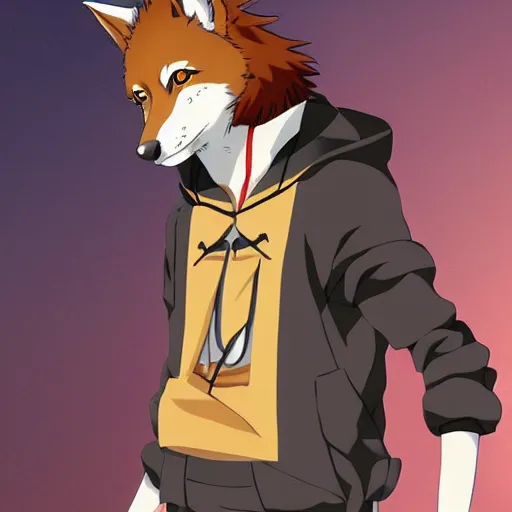 Image similar to key anime visual portrait of an anthropomorphic anthro wolf fursona, in a jacket, with handsome eyes, official modern anime art