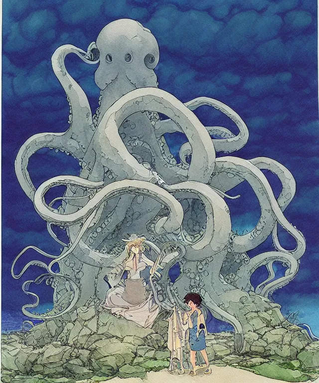 Image similar to a hyperrealist studio ghibli watercolor fantasy concept art of a giant grey octopus building stonehenge underwater. by rebecca guay, michael kaluta, charles vess