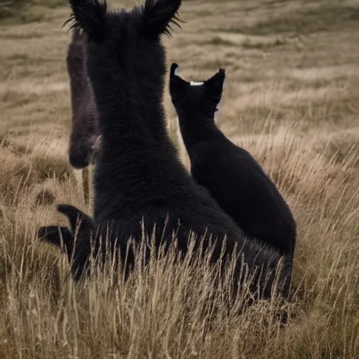 Prompt: two black cats riding on back of llama, andes, matte