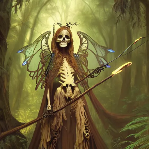 Prompt: photo of skeleton wizard with magic stick and dragonfly wings in the forest, highly detailed, digital painting, artstation, smooth, sharp focus, illustration, art by artgerm and greg rutkowski and alphonse mucha