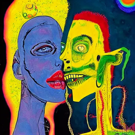 Image similar to beautiful painting of two bizarre psychedelic women kissing each other closeup on an alien planet, speculative evolution, mixed media collage by basquiat and junji ito, magazine collage art, paper collage art, sapphic art, lesbian art