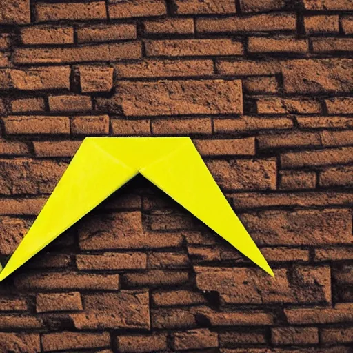 Image similar to a yellow triangle made of bricks with a top hat answering a phone, hyperrealism