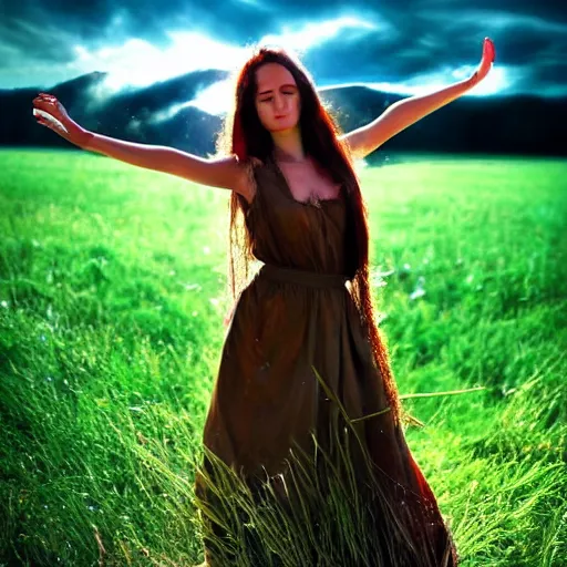 Prompt: absolutely stunning beautiful virgin dancing in summer field in dramatic lighting then dramatic shadows, dramatic details, dramatic zoom, dramatic lenses, dramatic f/x, dramatic everything, trendind everywhere, dramatic award winning dramatic digital art