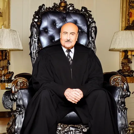 Image similar to a photograph of dr. phil as an evil supervillain, wearing all black, sitting in a throne