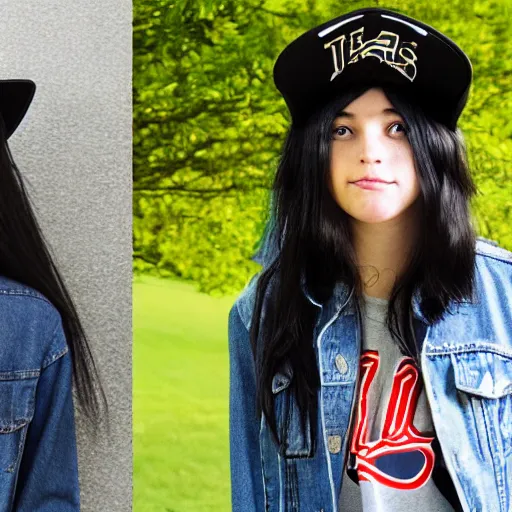 Image similar to 19-year-old girl, long shaggy black hair, wearing denim jacket and jeans, standing next to 18-year-old boy wearing backwards baseball cap and baggy jeans
