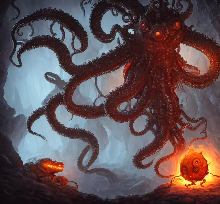 Prompt: beholder + d & d + tentacles + creature in dark cave, hd, hdr, ue 5, ue 6, unreal engine 5, cinematic 4 k wallpaper, 8 k, ultra detailed, by popular digital, artstation