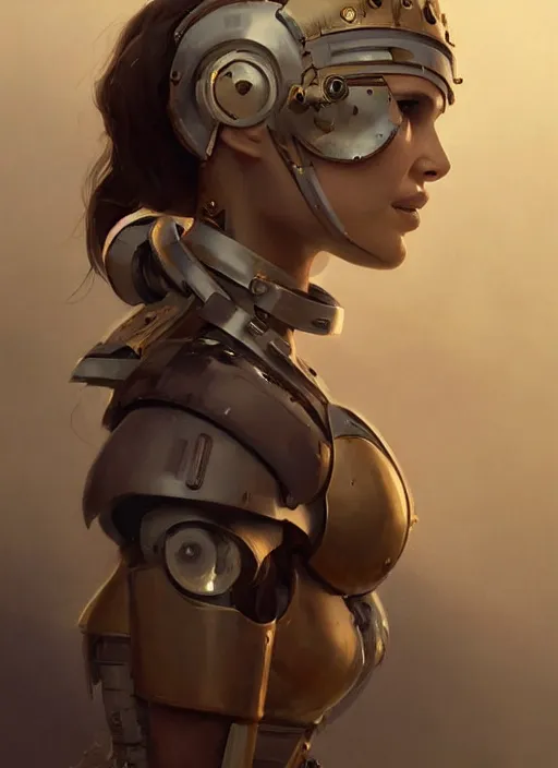Prompt: a digital painting of Natalie Portman as a cyborg wearing a roman soldier outfit, by netter, style from greg rutkowski, beautiful eyes, long hair, full frame, oil painting, featured on artstation, concept art, smooth, sharp focus, illustration, very detailed, ambient lighting, unreal engine render, concept art by Atey Ghailan, by Loish, by Bryan Lee O'Malley