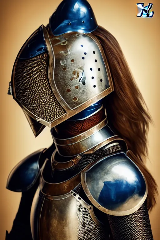 Image similar to female knight, brown hairs, no helmet, blue eyes, armor created by louis vuitton, lv logos, symmetrical, cinematic, elegant, professional studio light, real dlsr photography, sharp focus, 4 k, ultra hd, sense of awe