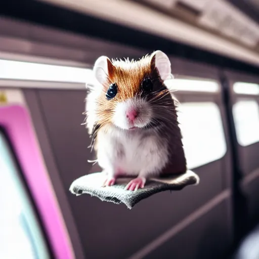 Image similar to photo of a metro train interior, a tiny hamster is sitting on a seat, various poses, unedited, soft light, sharp focus, 8 k