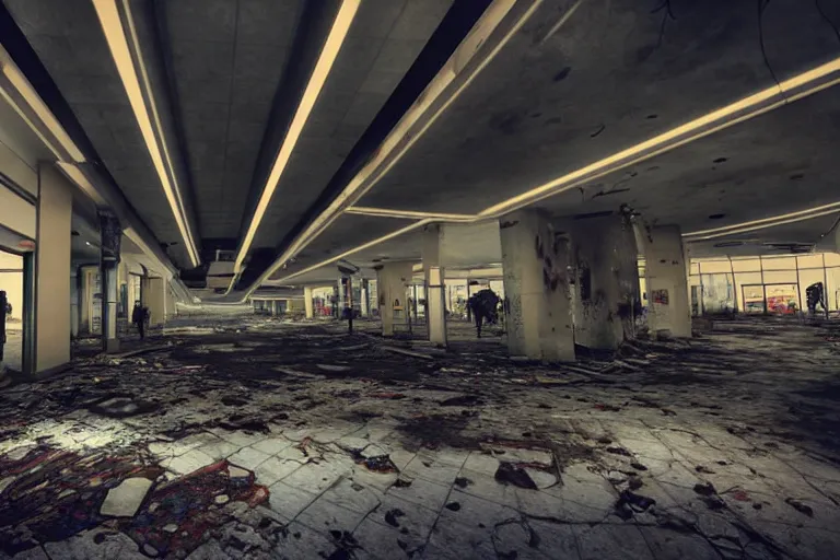 Image similar to low wide angle photo of a abandoned cyberpunk shopping mall with dead human on the floor, a team of soliders are in position, cinematic lightning, ray tracing, unreal engine, photorealistic, detailed, dark, moody, foggy, scary