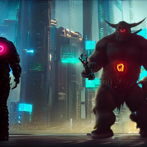 Image similar to cyberpunk boss fight, giant orc. cinematic wide shot