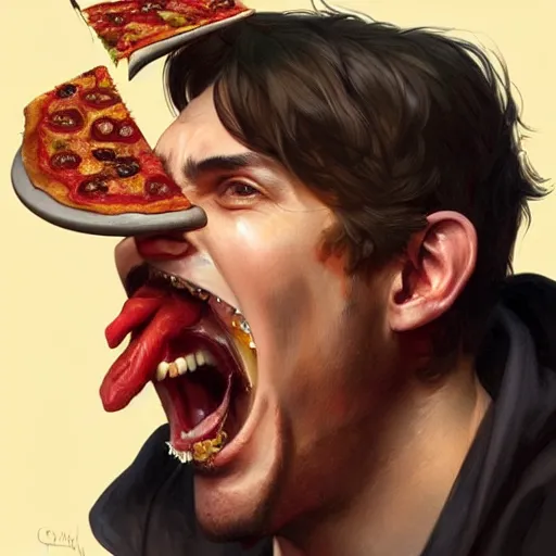 Image similar to portrait of weird tony opening his mouth to eat pizza, highly detailed, digital painting, artstation, concept art, sharp focus, illustration, art by artgerm and greg rutkowski and alphonse mucha