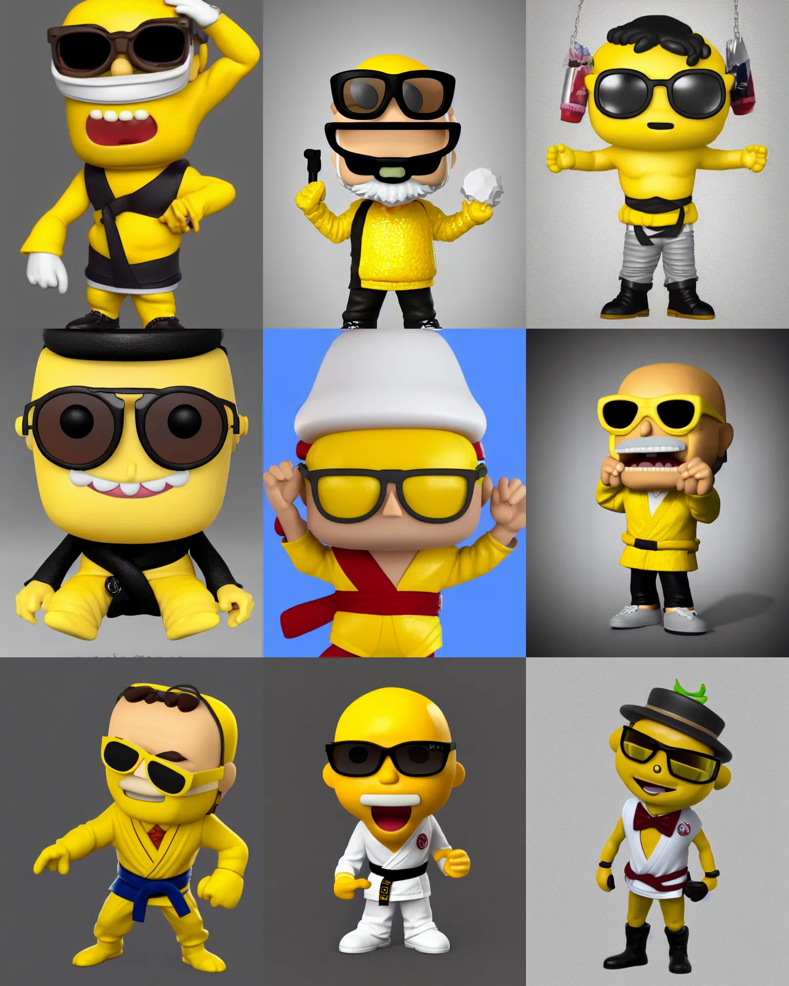 Prompt: full body 3d render of Mister Lemon dude with Sunglasses and a karate belt as a funko pop, Chibi, studio lighting, white background, blender, trending on artstation, 8k, highly detailed