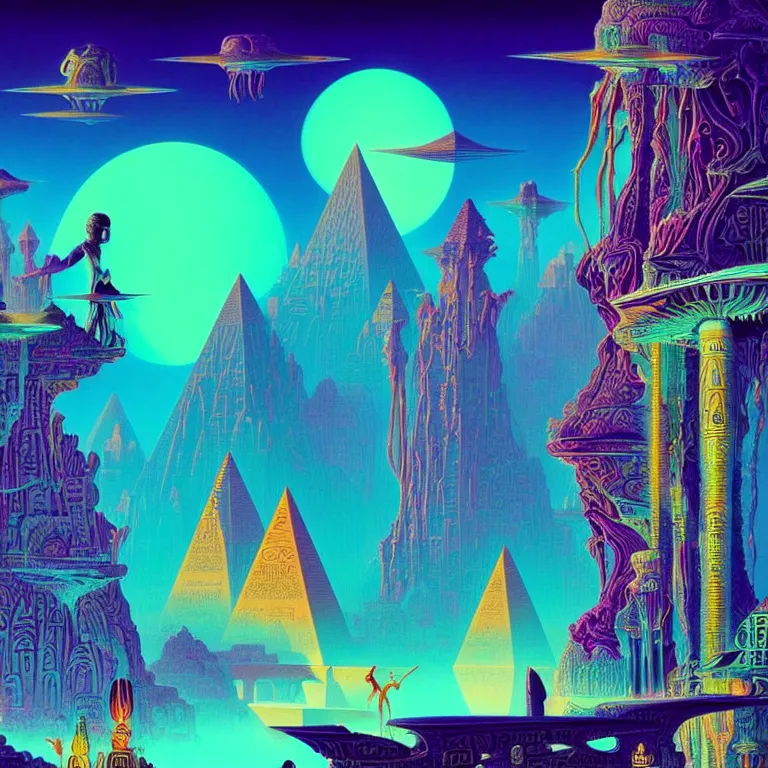 Image similar to mysterious egyptian dieties hovering over mystical crystal temple, infinite fractal waves, synthwave, bright neon colors, highly detailed, cinematic, eyvind earle, tim white, philippe druillet, roger dean, ernst haeckel, lisa frank, aubrey beardsley, stanley kubrick