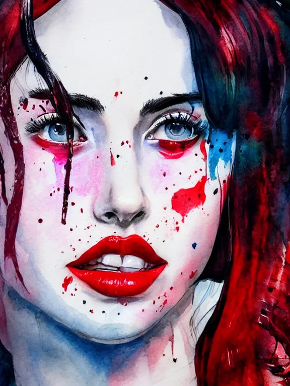 Image similar to portrait of a young krysten ritter as harley quinn, closing her eyes, aquarelle, realistic painting, freckles, 1 / 4 headshot