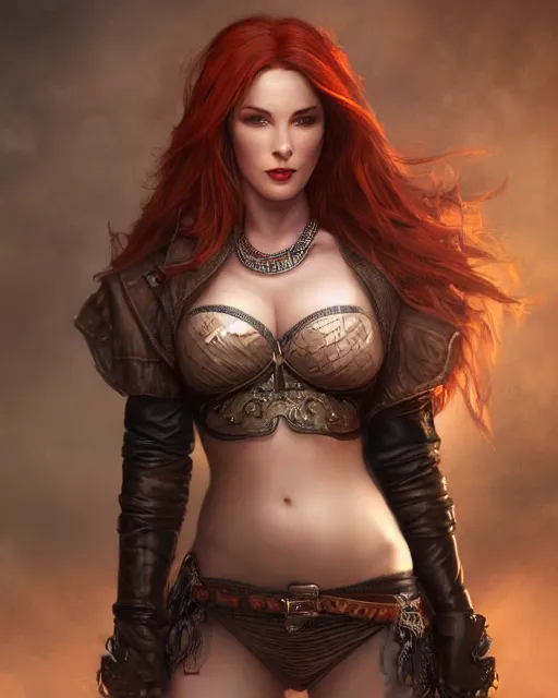 Prompt: a stunning medium shot portrait of triss merigold wearing leather bandit outfit, digital art by ross tran and eugene de blaas, highly detailed, trending on artstationhq