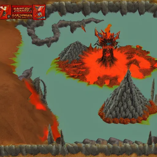 Image similar to TzKal-Zuk at the Inferno, old school runescape, lava river, magma, large shield of magma, obsidian pillars