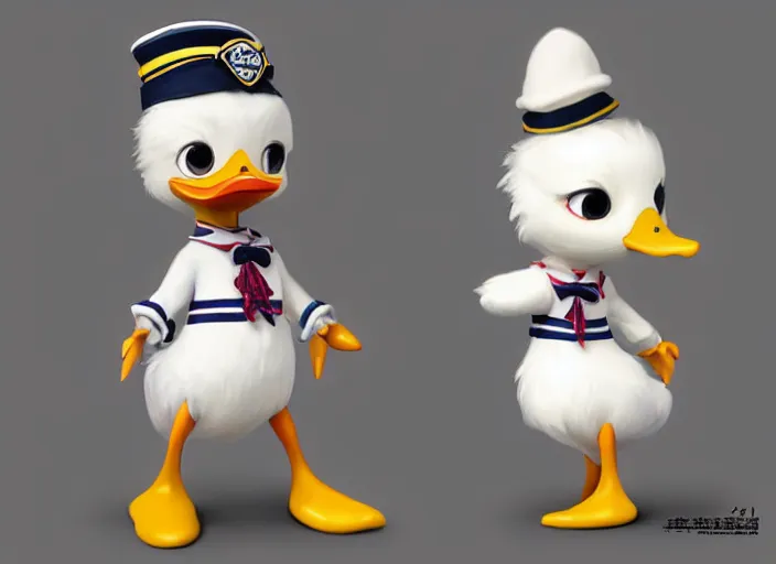 Image similar to award - winning detailed concept art of a cute iconic anthropomorphic duck character wearing a sailor suit. art by wlop, realistic. detailed feathers, art by cheng yi. artstationhd, artgerm, 3 dcg, pixar zootopia. 3 d rendering, high quality model sheet, donald. model sheet detailed