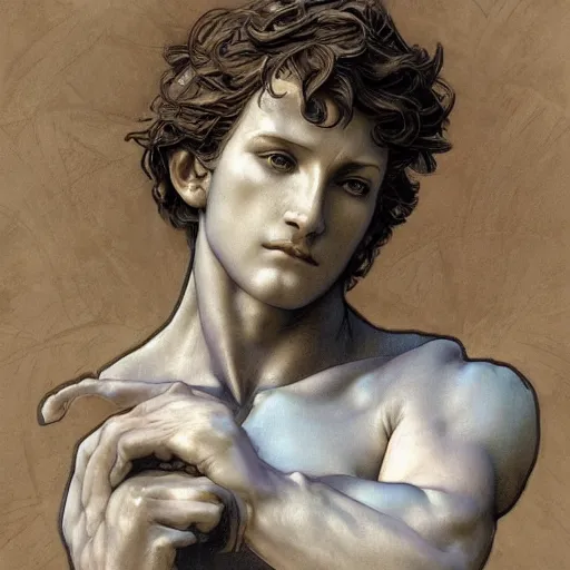 Image similar to Michelangelo\'s David, highly detailed, digital painting, artstation, concept art, smooth, sharp focus, illustration, ArtStation, art by artgerm and greg rutkowski and alphonse mucha and J. C. Leyendecker and Edmund Blair Leighton and Katsuhiro Otomo and Geof Darrow and Phil hale and Ashley wood and Ilya repin and Charlie Bowater