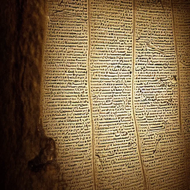 Image similar to ultra - realistic horrifying photo of a partially damaged dead sea scroll with nabeatean aramaic in sideways columns, by dave dorman, paul carrick, dark, brooding, volume lighting, atmospheric lighting, painted, intricate, ultra detailed, well composed, best on artstation, cgsociety, epic, stunning, gorgeous, intricate detail, wow, masterpiece