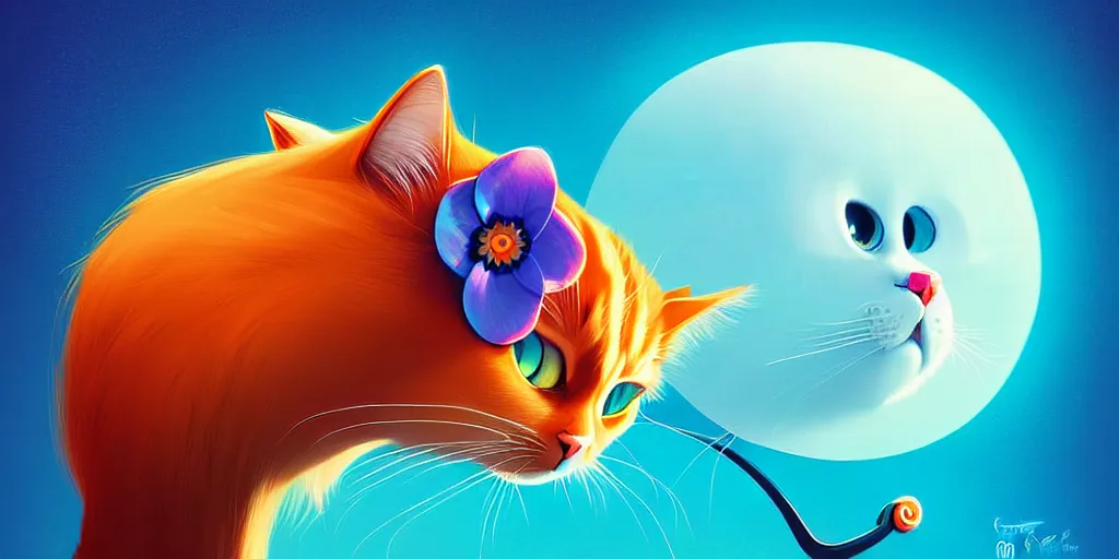 Image similar to curved perspective, extreme narrow, extreme fisheye, digital art of a female cat with ginger hairstyle with blue flower in her hair by anton fadeev from nightmare before christmas