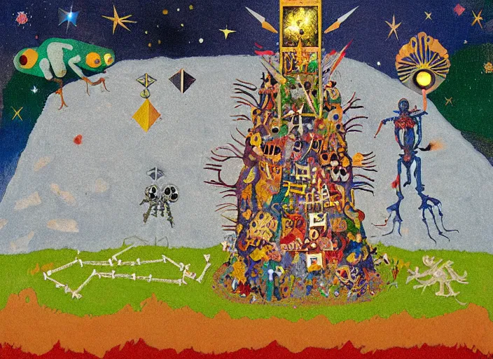 Image similar to pixel decollage painting tarot lovers card composition tower of babel road red armor wonky alien frog and maggot vampire clown knight on a skeleton pale horse in a dark green cloudy night sky with golden foil jewish stars and diamonds, mountain lake and blossoming field in background, painted by Mark Rothko, Helen Frankenthaler, Danny Fox and Hilma af Klint, pixelated, neo expressionism, semi naive, pastel colors, cinematic, color field painting, cave painting, voxel, pop art look, outsider art, minimalistic. Bill Traylor painting, part by Philip Guston, Amano and Francis Bacon. art by Adrian Ghenie and Storm Thorgerson, very coherent symmetrical artwork, cinematic, hyper realism, high detail, octane render, unreal engine, Smooth gradients, depth of field, full body character drawing, extremely detailed, 8k, extreme detail, intricate detail, masterpiece