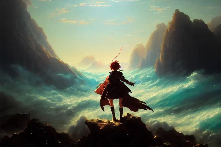 Image similar to baroque oil painting of anime key visual concept art of anime wanderer above the sea of fog 1 8 1 8 but figure is anime maid in armor set in grimdark fantasy, trending on artstation, palette knife and brush strokes, oil on canvas, makoto shinkai greg rutkowski studio ghibli