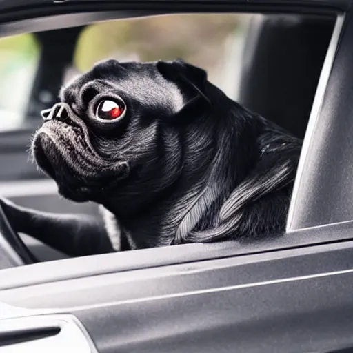 Prompt: picture of a black pug driving a car