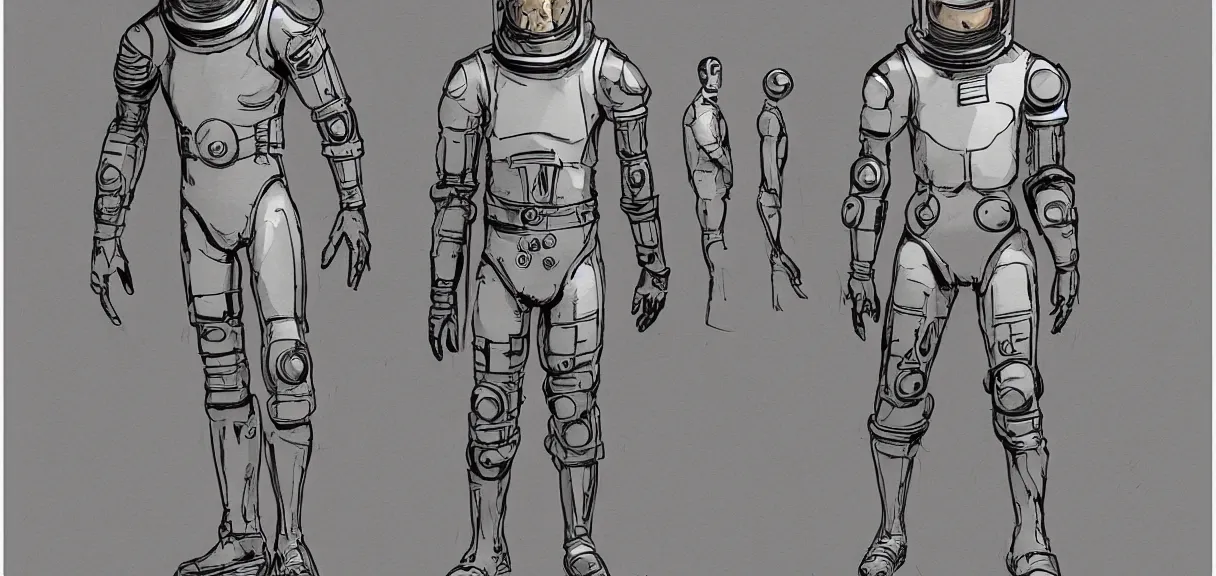 Image similar to male, full body, space suit with a modern helmet, large shoulders, short torso, long thin legs, tiny feet, character sheet, science fiction, very stylized character design, very stylized proportions, pen and ink, digital painting, watercolor wash, by mike mignola, by alex maleev, jean giraud