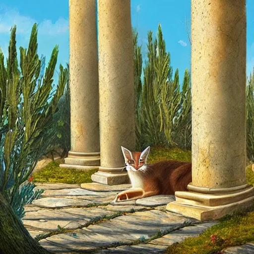 Image similar to cute fluffy caracal wearing toga, in ancient greek town, marble columns, olive trees, sunny, a beautiful landscape by gediminas pranckevicius