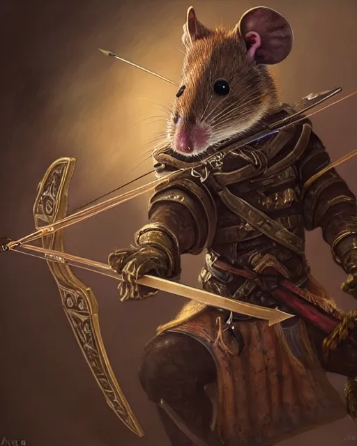 Prompt: closeup 2 8 mm anthropomorphic archer rat using a crossbow in a castle, d & d, fantasy, intricate, action pose, particle effects, highly detailed, digital painting, artstation, concept art, matte, sharp focus, volumetric lighting, illustration, hearthstone, art by artgerm, wlop, craig mullins, alphonse mucha