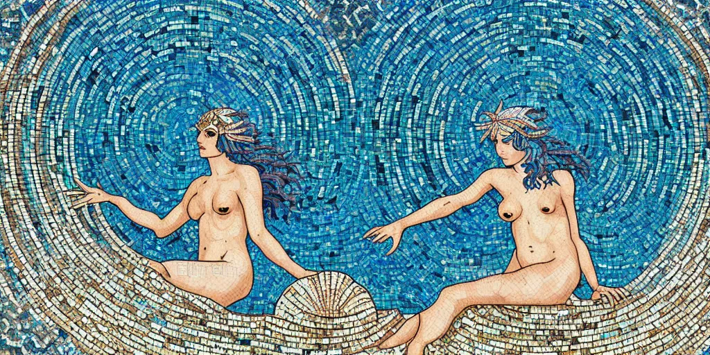 Prompt: ancient roman mosaic of bluehair mermaid with a shell bikini on sea floor, illustration by moebius, victo ngai, clean thick line, mosaic style