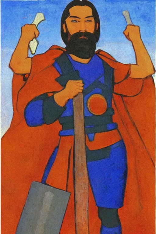 Image similar to thor holding the hammer, marvel, artwork by nicholas roerich,