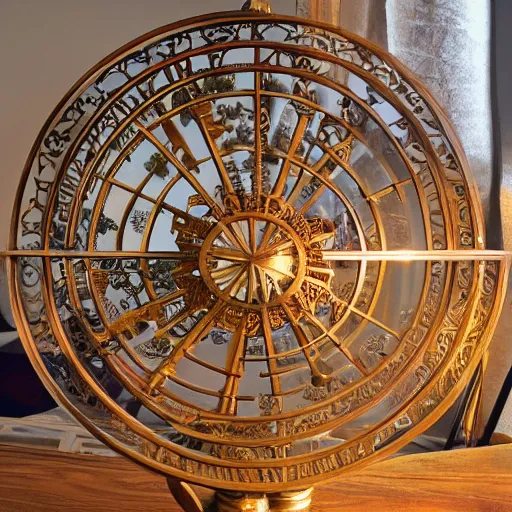 Image similar to a well - lit photo of an intricate steel filigree art nouveau orrery on a wooden table, beautiful, detailed, flowing curves, with colored marble planets and a golden sun