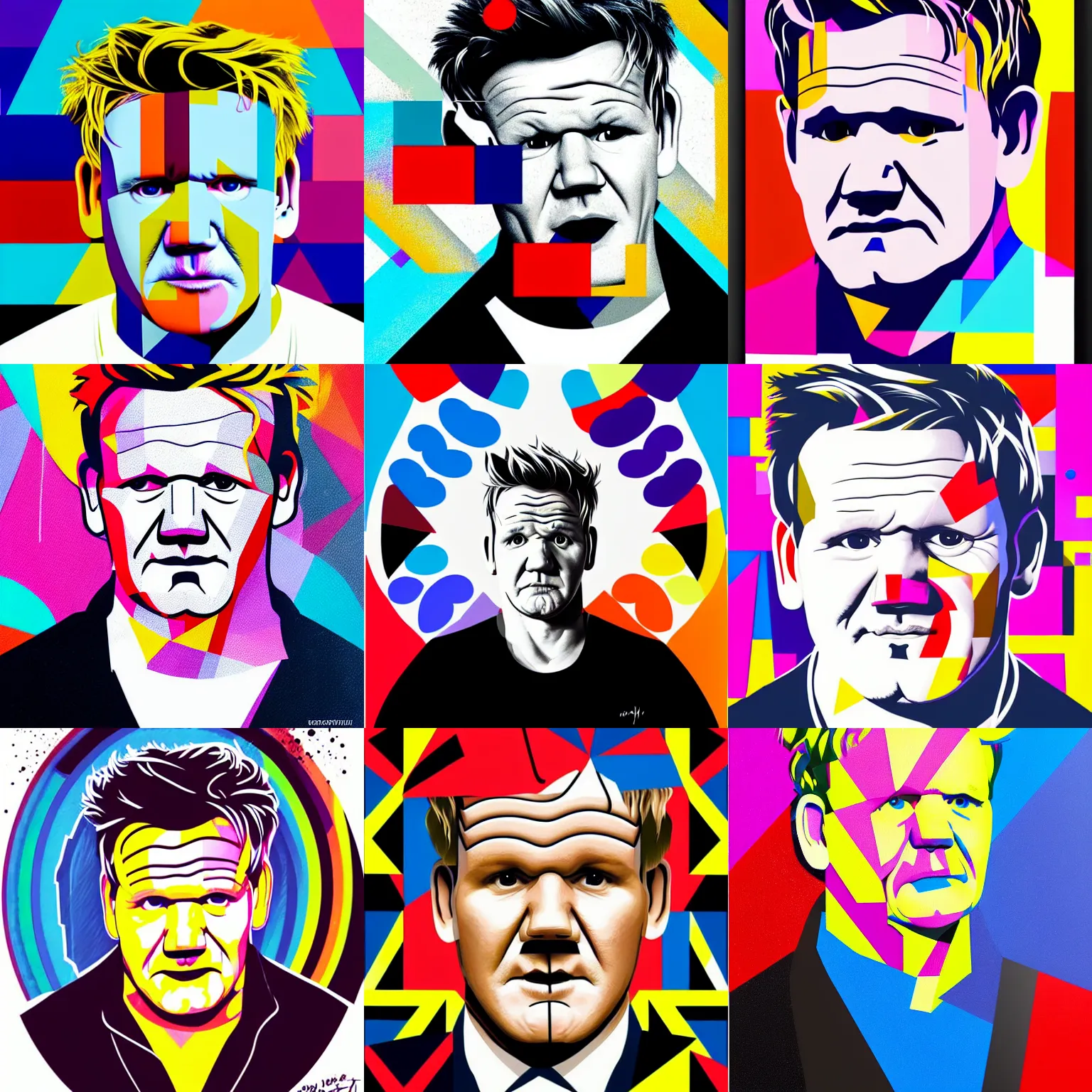 Prompt: A portrait of Gordon Ramsay with no face, geometric shapes, rounded corners, candy colors, spray paint, bold graphics. geometric art