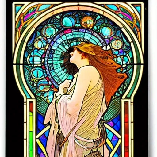 Prompt: burning man, goddess of travel, car, carpool, rv, traffic, queue, ticket, passport, intricate, stained glass by alphonse mucha