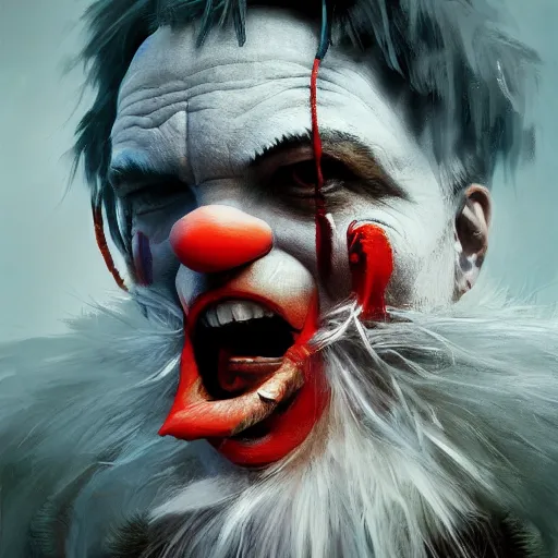 Prompt: clown warrior, pointed teeth, portrait, intricate, detailed, volumetric lighting, scenery, digital painting, highly detailed, artstation, sharp focus, illustration, concept art, ruan jia, steve mccurry