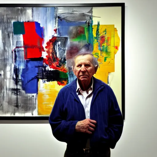 Prompt: a man standing in front of a display of paintings, an abstract painting by robert rauschenberg, pixiv, american scene painting, academic art, dye - transfer, dynamic composition