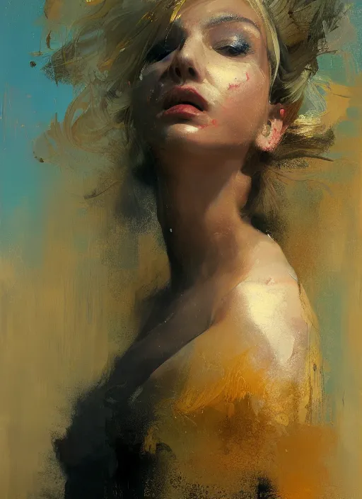 Image similar to painting of a gorgeous woman with golden hair in two buns wearing a poncho, blowing a kiss towards the viewer, by Jeremy Mann, stylized, detailed, realistic, loose brush strokes, intricate, intimate, aummer vibes, bold colors
