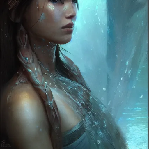 Image similar to a beautiful portrait of a water goddess with translucent skin by Greg Rutkowski and Raymond Swanland, Trending on Artstation, ultra realistic digital art