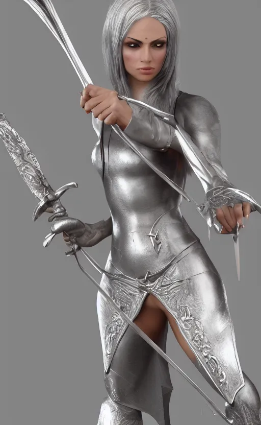 Prompt: beautiful silver hair female dark elf dagger, wielding a bow, arnold renderer, trending on artstation