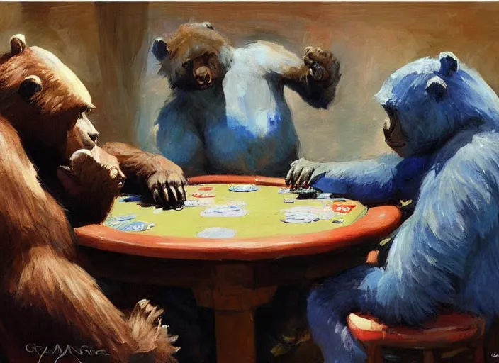 Image similar to one gorrila, one bear!!, playing poker, highly detailed beautiful, by gregory manchess, james gurney, james jean