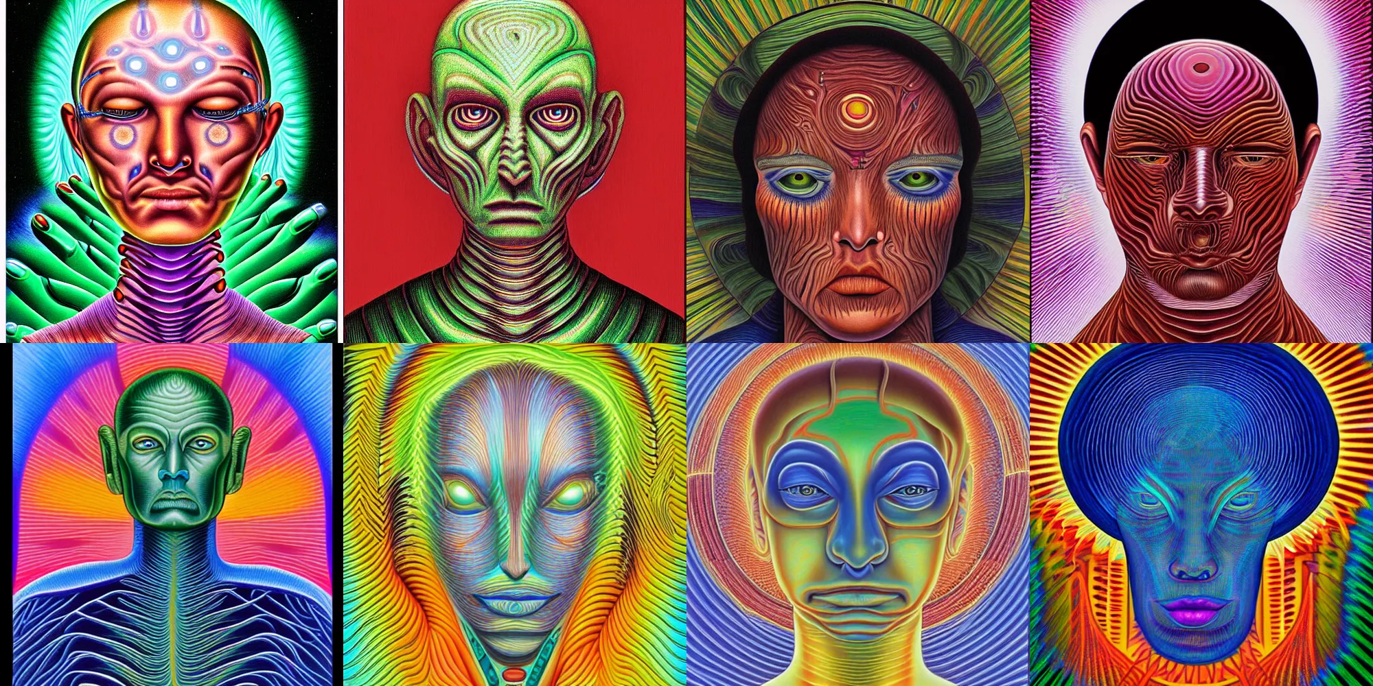 Prompt: portrait of fresh faced android, bored, shut eyes, by alex grey