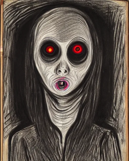 Image similar to scary portrait of a young female with glowing eyes, similar to the scream drawing by Edvard Munch
