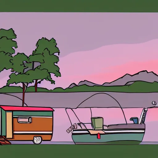 Prompt: fifth wheel camper on the grass by the harbor in maine, rocky coast, sailboats in the water, tiny village, white background, cute digital cartoon painting art, 4 colors!!! trending on artstation