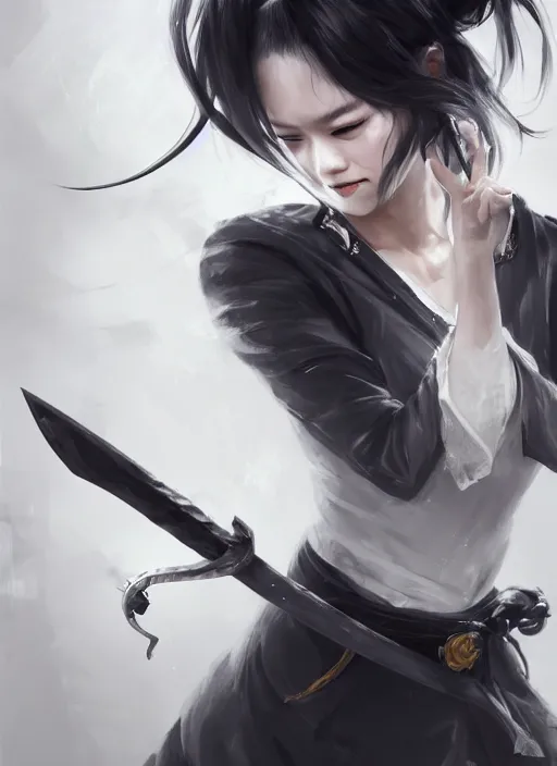 Image similar to a highly detailed illustration of fierce messy ponytail black haired one eyed japanese woman wearing long white coat, wearing eyepatch, dramatic wielding paper sword pose, intricate, elegant, highly detailed, centered, digital painting, artstation, concept art, smooth, sharp focus, league of legends concept art, wlop.