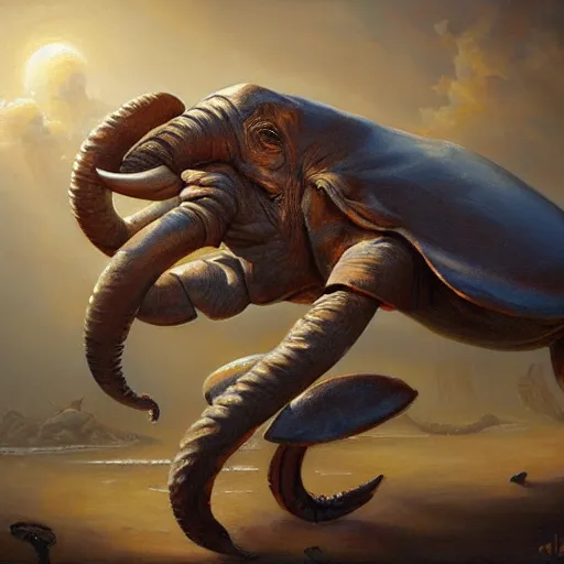 Image similar to elephant - crab creature, oil painting by justin gerard