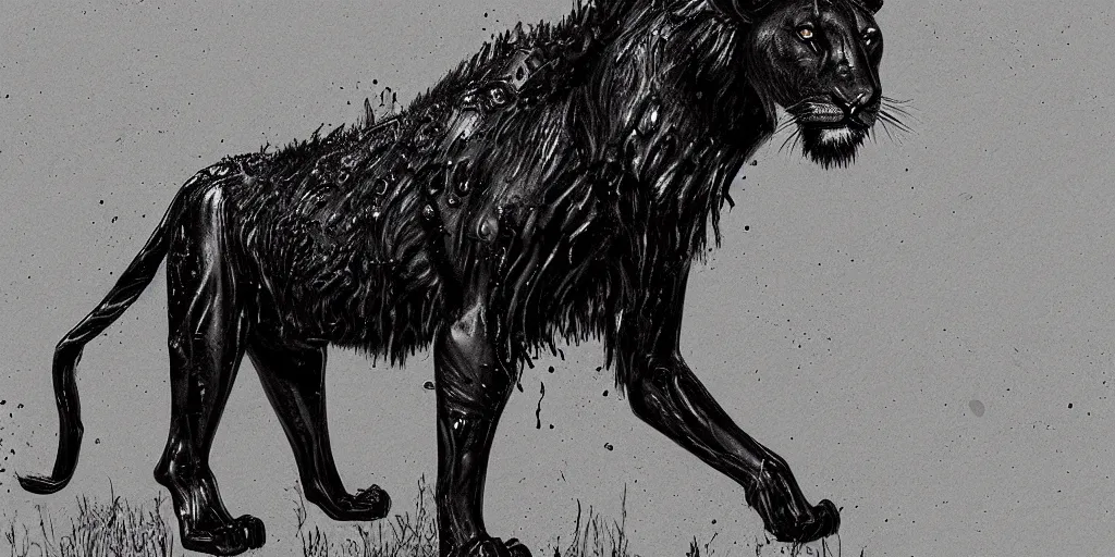 Image similar to the black lioness made of ferrofluid, walking in the suburban neighborhood, dripping tar. animal drawing, drawing, environment art, realistic, detailed